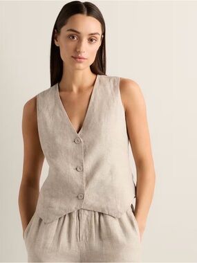 Quince 100% European Linen V Neck Vest Cream Button Top Blouse Medium Shirt
